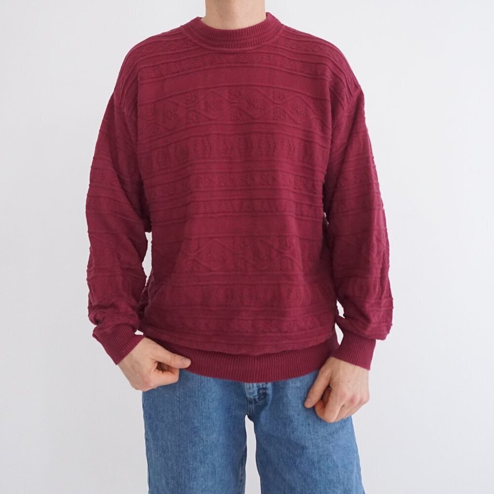 Vintage Club International Burgundy Textured Knit Heritage Preppy Cotton Medium